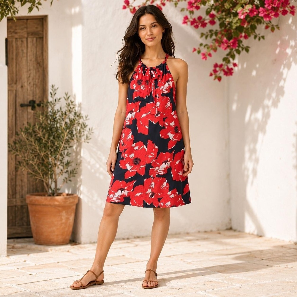 TRINA TRINATURK Women's Tropical Floral Halter Dress SMALL Red‎ Blue Sleeveless